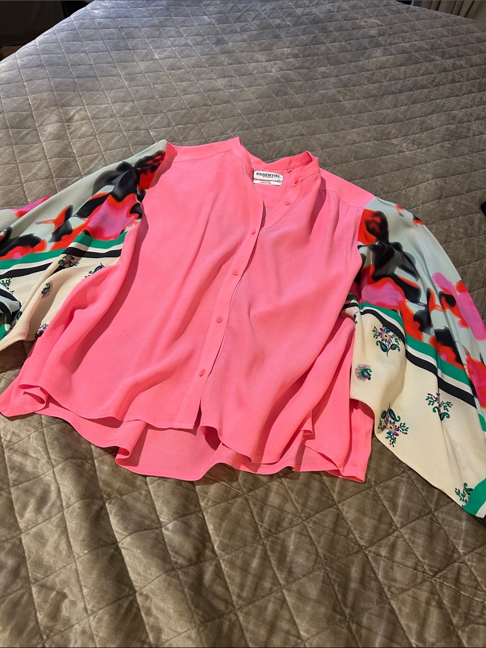Essential Antwerp Neon Pink Blouse with Multicolor Printed Balloon Sleeves
